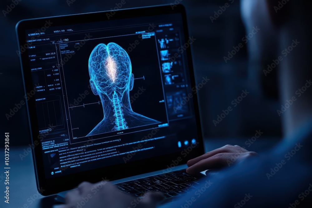 Poster a person analyzing brain scan data on a laptop in a dimly lit environment.