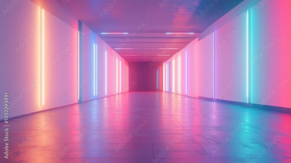 Wall mural Vibrant Hallway with Neon Lights and Reflections