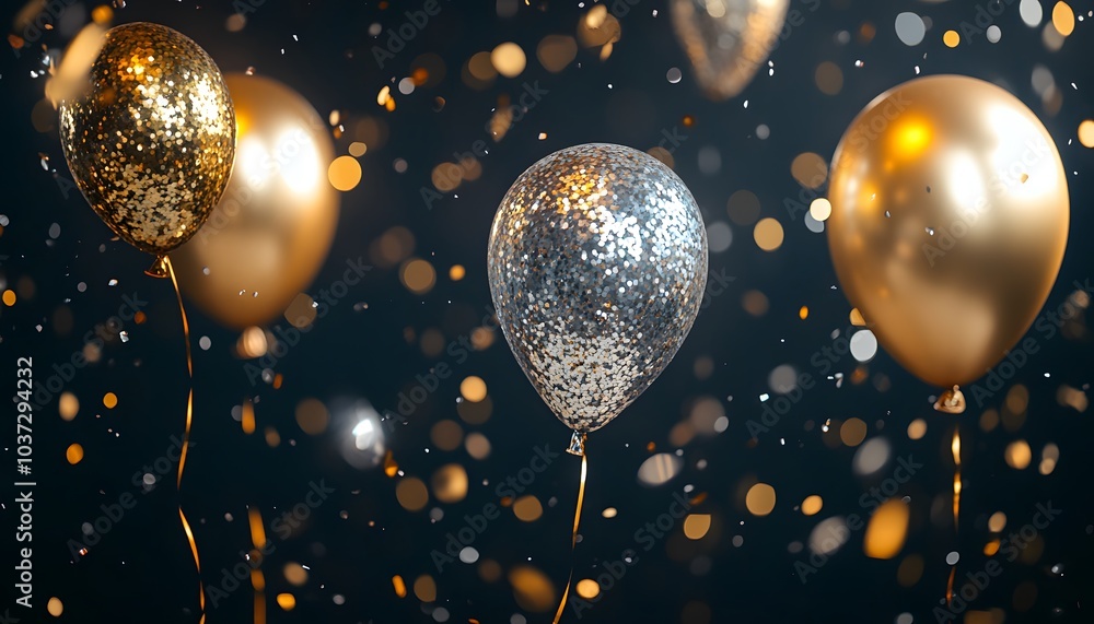 Aufkleber a festive image featuring sparkling gold and silver balloons against a dark background, creating a c