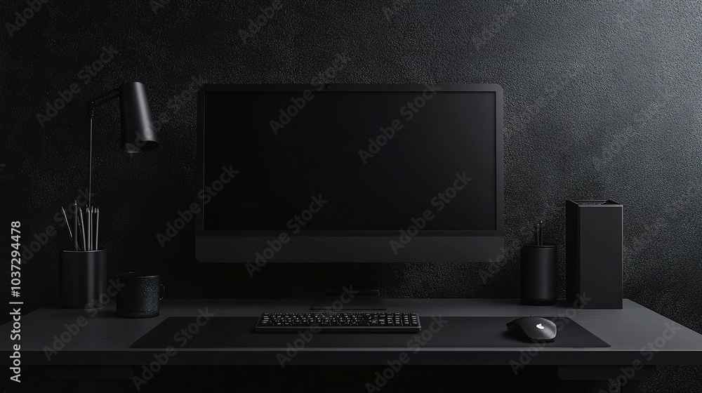 Poster minimalist black office workspace with computer monitor