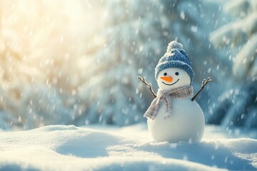 Obraz premium A cheerful snowman stands in a snow-covered clearing, wearing a hat and scarf. The sun's rays and falling snowflakes create an atmosphere of winter joy and childhood.