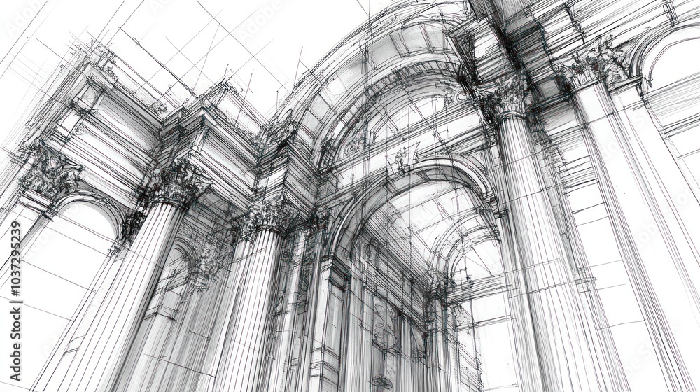 Poster a wireframe illustration of a grand architectural structure with columns and arches.