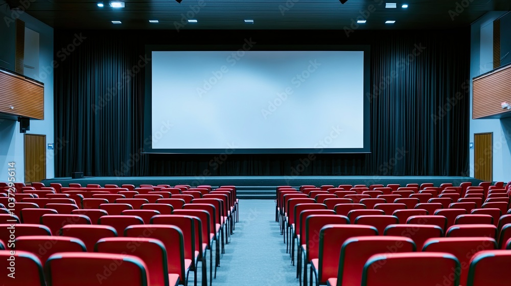Poster a modern conference room setup with neat rows of chairs facing a blank projection screen on stage.