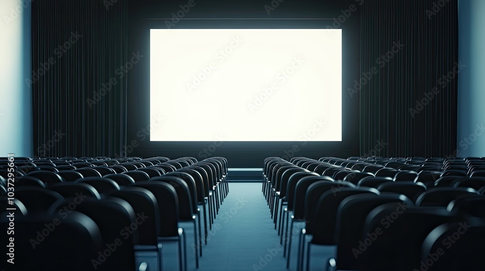 Poster a modern event hall setup with rows of chairs in front of a blank stage screen, ready for a presenta