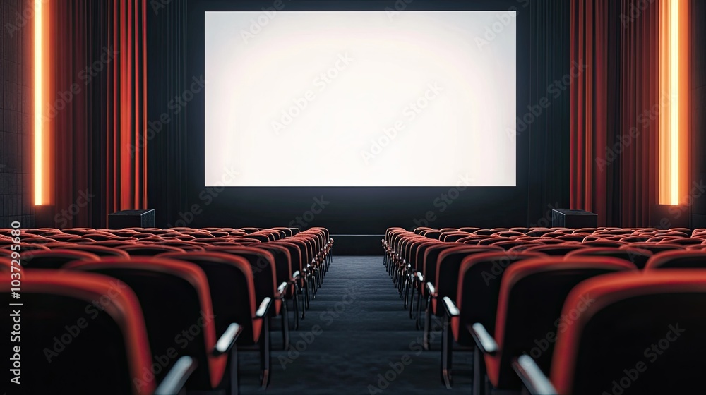 Poster a modern event hall setup with rows of chairs in front of a blank stage screen, ready for a presenta