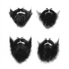 Four unique black beard styles on a white isolated background, ideal for grooming and fashion reference.