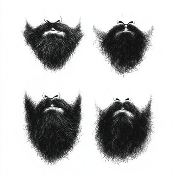 Four unique black beard styles on a white isolated background, ideal for grooming and fashion reference.