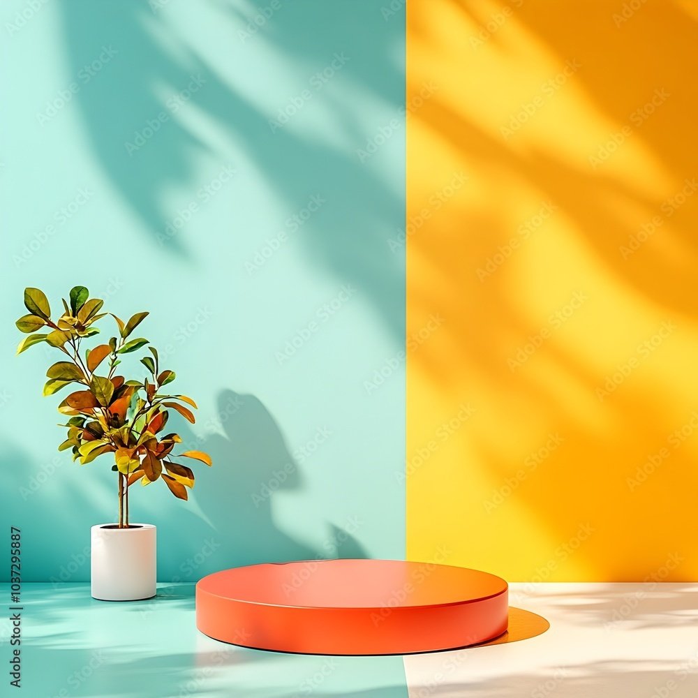 Poster minimalist 3d studio scene featuring an empty room with vibrant color block walls a product podium c