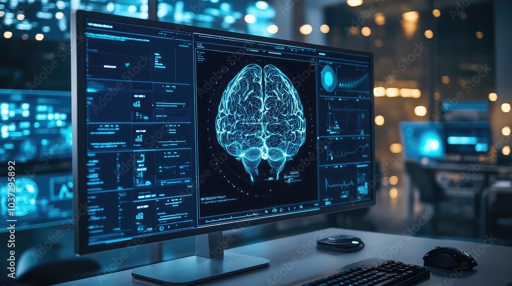 Poster computer screen displaying a brain scan, illustrating the role of artificial intelligence in healthc
