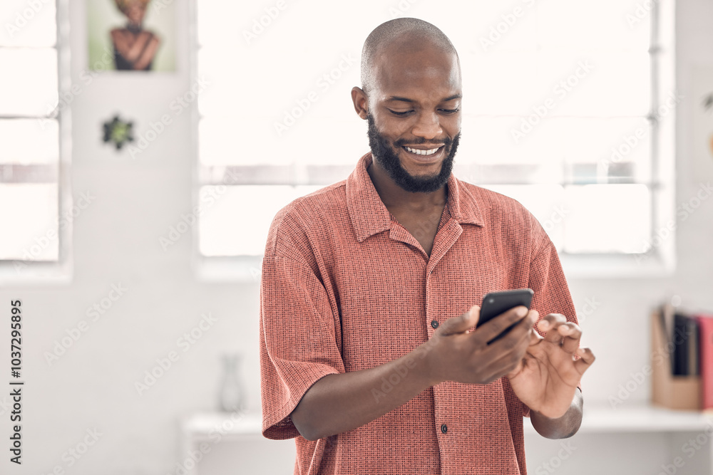 Poster black man, phone and happy for texting at startup, office and notification on break at media company