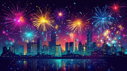 Colorful fireworks exploding over a city skyline, celebrating a festive occasion with vibrant lights and energy.