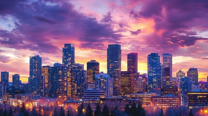 Naklejka premium Vibrant Cityscape at Sunset with Colorful Skies