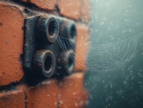 Intricate spider web spanning across the crumbling facade of an abandoned industrial ruin with gloomy and ominous textures shadows