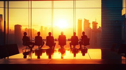 Corporate meeting in a sunlit office, focusing on teamwork and business strategy, with a cityscape view in the background