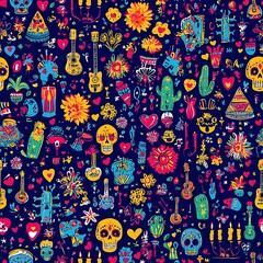 Mexican Day of the Dead seamless pattern with skulls, marigolds