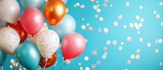 Colorful balloons against a vibrant blue background with confetti, perfect for celebrations.