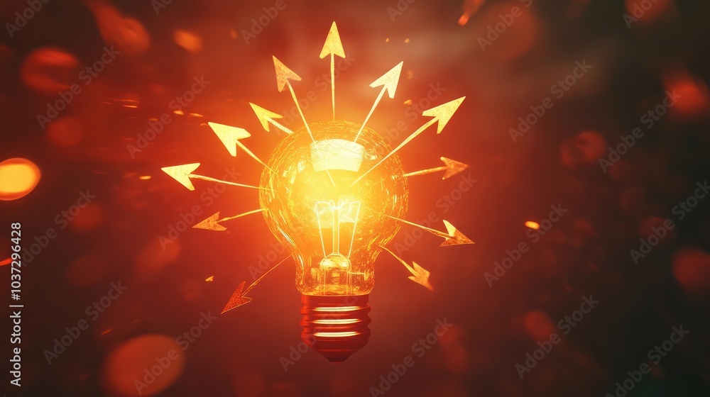 Poster creative representation of a glowing lightbulb with arrows pointing in multiple directions, symboliz