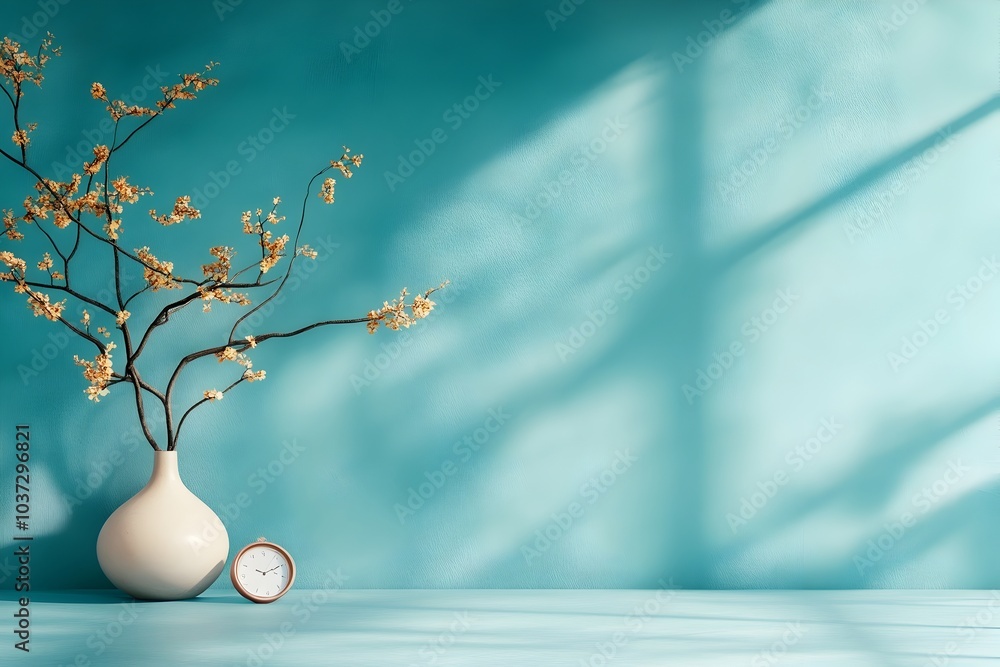 Poster dramatic 3d studio setting with a cool blue color scheme bare concrete floor and stark white walls d