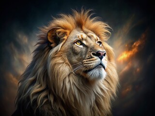 Fototapeta premium Majestic Lion Gazing Upwards in Low Light Photography – Stunning Wildlife Capture