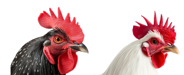 Cute rooster head red and white feathers isolated on a white or transparent background, Cut out PNG