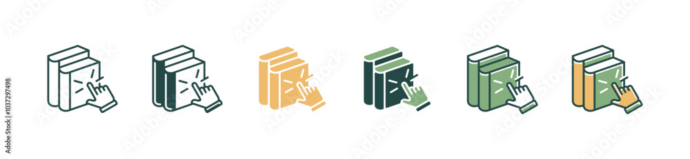Poster hand pointer clicking book stack icon set digital library education read ebook online course vector illustration for web and app