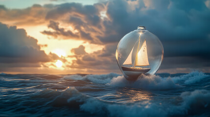 Sailboat in Glass Globe on Ocean Wave at Sunset