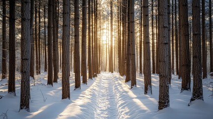 Obraz premium Sunlight Through Trees in a Winter Forest