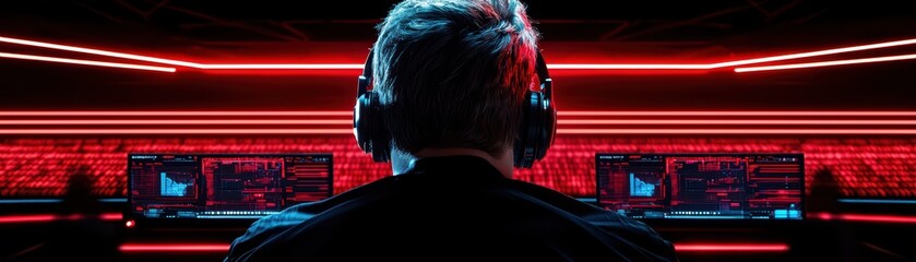 Digital hacker working in a high-tech environment with glowing screens and headphones.