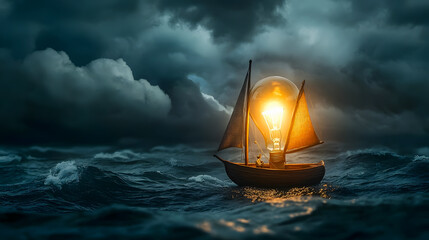 Light-Bulb Ship Sailing Through Stormy Waters