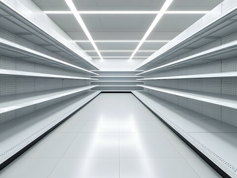 Empty white supermarket shelves. Post-apocalyptic grocery store mockup. Supermarket shelves after panic shopping during pandemic, crisis, bankruptcy or war