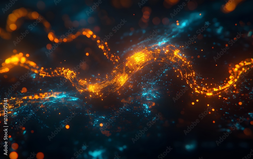 Poster a vibrant abstract image featuring glowing orange and blue lines, creating a sense of movement and e