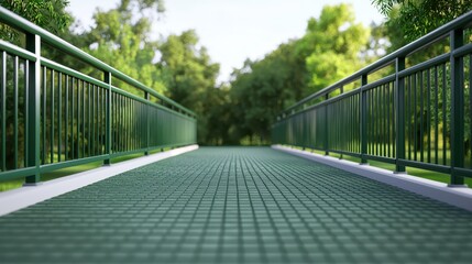 Fototapeta premium A serene green walkway spans a bridge, surrounded by lush trees, inviting exploration and connection with nature.