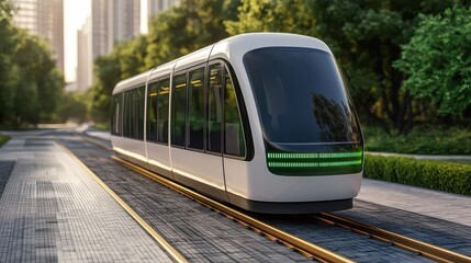 Naklejka premium A modern tram is parked on scenic tracks surrounded by greenery and urban architecture, showcasing a blend of nature and technology.