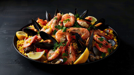 Classic seafood paella components—grains of saffron rice, plump shrimp, mussels, clams, squid, fresh parsley, and lemon wedges—suspended mid-air, creating an artistic and dynamic visual.