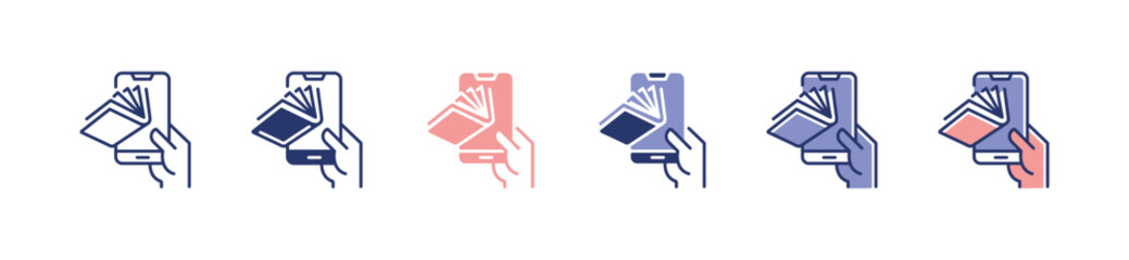 hand holding mobile phone e-book icon set online library digital dictionary study literature document education vector illustration for web and app