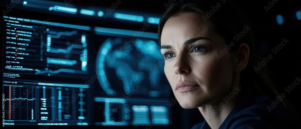 Poster focused professional analyzing data on a high-tech screen in a modern workspace.