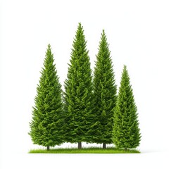 Obraz premium Four lush evergreen trees gathered together, vibrant green foliage, white isolated background.