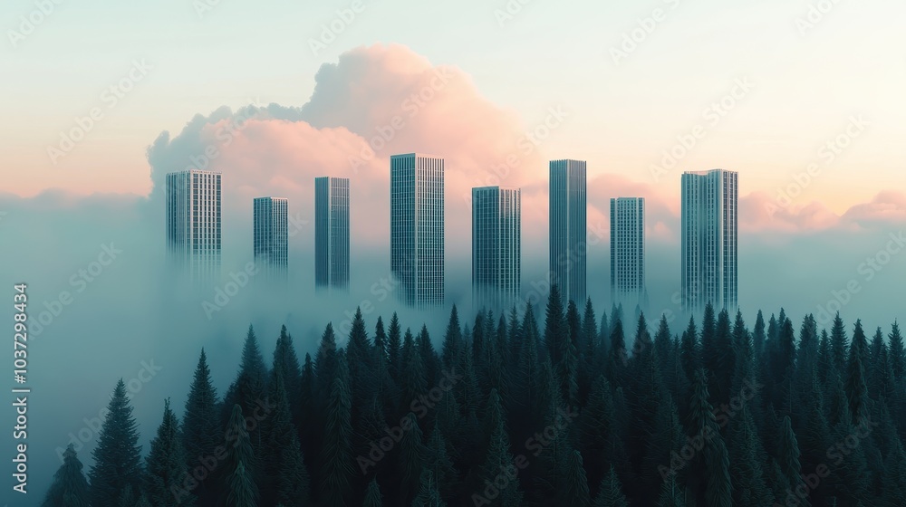 Poster a misty landscape features towering buildings rising above a forest, creating a surreal contrast bet