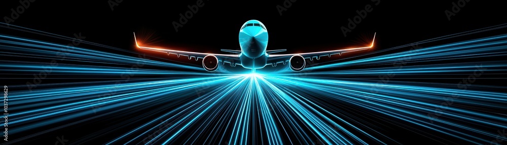 Poster futuristic airplane with dynamic lights on a black background showcasing advanced technology and tra