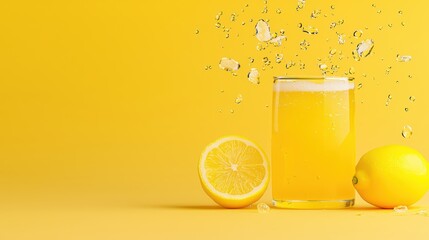 Freshly squeezed lemonade in a glass with ice, whole lemon, and splashes, bright yellow background.