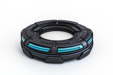 Fototapeta premium Futuristic black circular device with glowing blue accents, white isolate background.