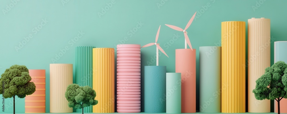 Poster a colorful display of cylindrical structures representing renewable energy, featuring trees and wind