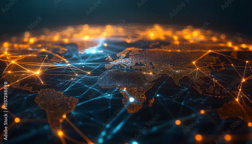 Fototapete A vibrant depiction of a digital world map interconnected by glowing nodes and lines, symbolizing global connectivity and data flow.