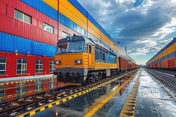 The train is positioned on tracks, with bright yellow and blue containers or industrial buildings on either side. The sky is partly cloudy,