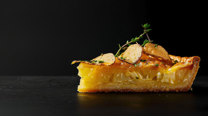 Slice of Quiche Lorraine on a black backdrop, showcasing its golden crust and Asian-inspired fillings for a striking contrast.