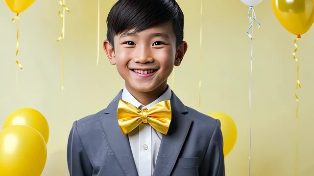 Young boy smiling wearing suit and bow tie on yellow background