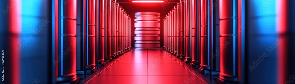 Poster futuristic data center with illuminated racks and stacked servers in a vibrant blue and red light.