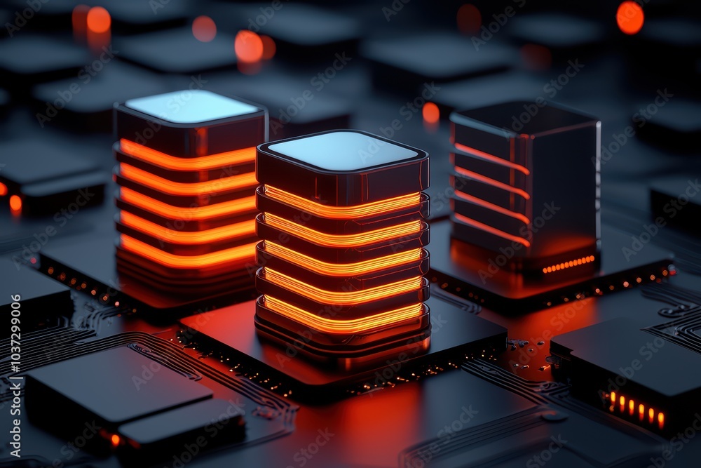 Poster futuristic data storage units glowing on a circuit board, representing advanced technology and innov