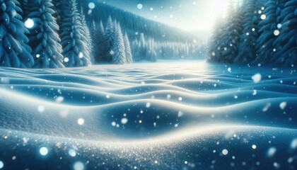 Serene Winter Landscape with Snowy Field and Frosty Forest: Gentle Snowfall, Soft Blue Sky, and Dreamy Bokeh Background Capturing the Calm Beauty of a Peaceful Winter Day