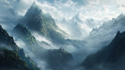 Naklejka premium A foggy mountain landscape, with peaks barely visible through the thick mist, creating a mysterious and atmospheric scene.